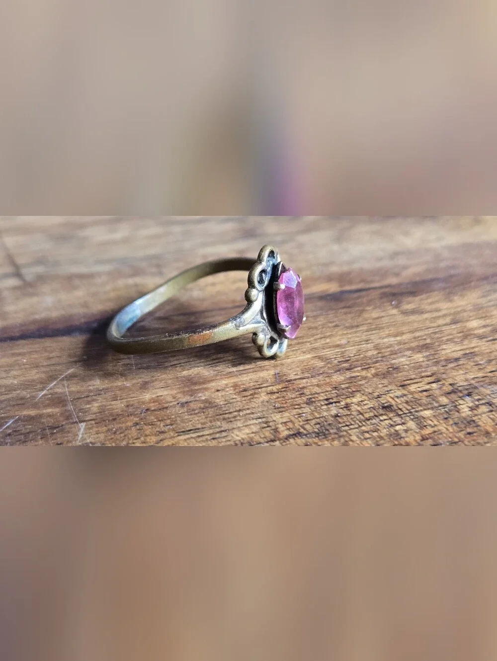 Vintage Copper Tone Pink Marquise Stone Filigree Ring Size 5 POR000009
